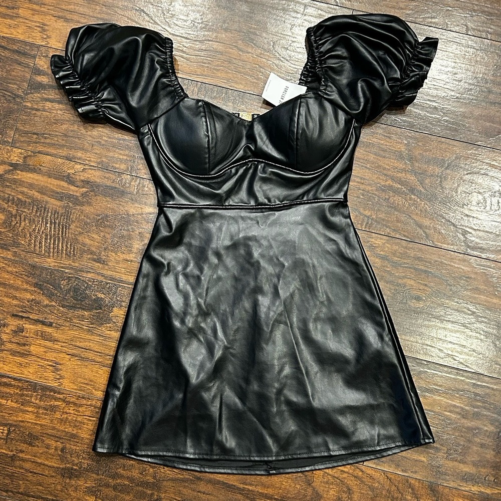 Forever 21 Faux Leather Black Mini Dress  Puff Sleeve NWT Women's Medium